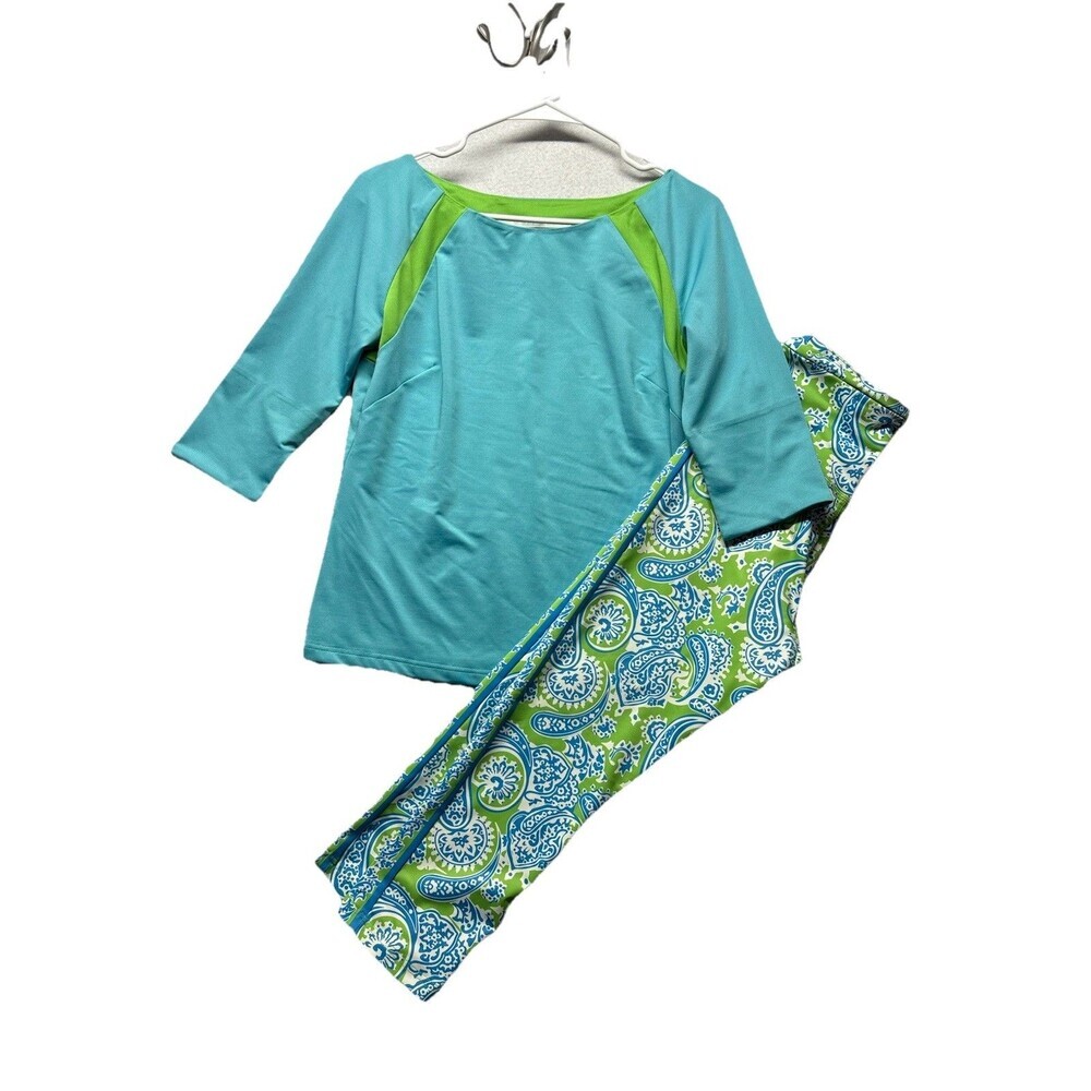 Gretchen Scott 2pc Outfit Set Women's XS Bright Green Blue Ankle Pant Paisley